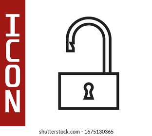 Línea negra Icono de candado abierto aislado en fondo blanco. Signo de bloqueo abierto. Concepto de ciberseguridad. Protección digital de datos.  Ilustración vectorial