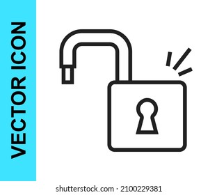 Línea negra Abrir icono de candado aislado en fondo blanco. Signo de bloqueo abierto. Concepto de ciberseguridad. Protección digital de datos.  Vector