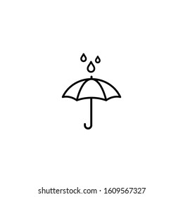 Black line open Umbrella with rain drops. Flat icon isolated on white. Flat design. Vector illustration. Rain protection symbol. Rainy weather sign. Black and white