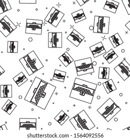 Black line Opened antique treasure chest icon isolated seamless pattern on white background. Vintage wooden chest with golden coin.  Vector Illustration