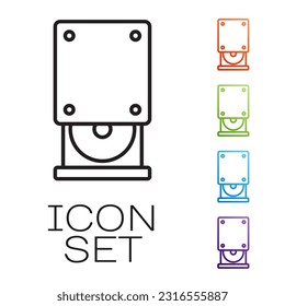 Icono de unidad de disco óptico de línea negra aislado en fondo blanco. Unidad de bandeja de la bandeja del portátil CD DVD para lectura y escritura de discos de datos. Indique los iconos en colores. Vector