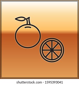 Black line Orange fruit icon isolated on gold background.  Vector Illustration