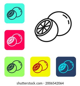 Black line Orange fruit icon isolated on white background. Set icons in color square buttons. Vector