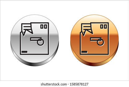 Black line Ordered envelope icon isolated on white background. Email message letter symbol. Silver-gold circle button. Vector Illustration