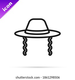 Black line Orthodox jewish hat with sidelocks icon isolated on white background. Jewish men in the traditional clothing. Judaism symbols.  Vector