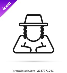 Black line Orthodox jewish hat with sidelocks icon isolated on white background. Jewish men in the traditional clothing. Judaism symbols.  Vector