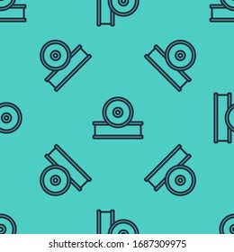 Black line Otolaryngological head reflector icon isolated seamless pattern on green background. Equipment for inspection the patient's ear, throat and nose.  Vector Illustration