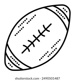 Black line oval rugby ball. Vector monochrome illustration of sport accessory, editable stroke