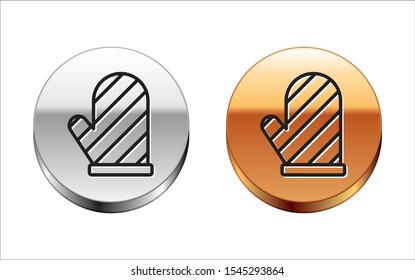 Black line Oven glove icon isolated on white background. Kitchen potholder sign. Cooking glove. Silver-gold circle button. Vector Illustration