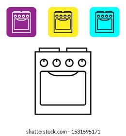 Black line Oven icon isolated on white background. Stove gas oven sign. Set icons colorful square buttons. Vector Illustration