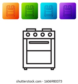 Black line Oven icon isolated on white background. Stove gas oven sign. Set icons in color square buttons. Vector Illustration