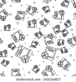 Black line Oven with screwdriver and wrench icon isolated seamless pattern on white background. Adjusting, service, setting, maintenance, repair, fixing.  Vector Illustration