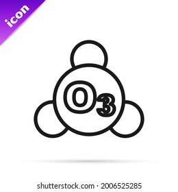 Black line Ozone molecule icon isolated on white background. Ozone, O3, trioxygen, inorganic molecule. Structural chemical formula and molecule model.  Vector