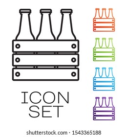Black line Pack of beer bottles icon isolated on white background. Wooden box and beer bottles. Case crate beer box sign. Set icons colorful. Vector Illustration