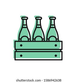 Black line Pack of beer bottles icon isolated on white background. Wooden box and beer bottles. Case crate beer box sign.  Vector Illustration