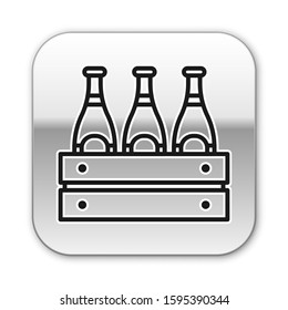 Black line Pack of beer bottles icon isolated on white background. Wooden box and beer bottles. Case crate beer box sign. Silver square button. Vector Illustration