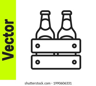 Black line Pack of beer bottles icon isolated on white background. Wooden box and beer bottles. Case crate beer box sign.  Vector