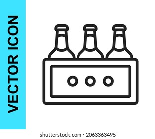 Black line Pack of beer bottles icon isolated on white background. Wooden box and beer bottles. Case crate beer box sign.  Vector