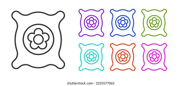 Paquete de línea negra lleno de semillas de un ícono de planta específico aislado en fondo blanco. Indique los iconos en colores. Ilustración vectorial