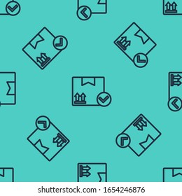 Black line Package box with check mark icon isolated seamless pattern on green background. Parcel box. Approved delivery or successful package receipt.  Vector Illustration