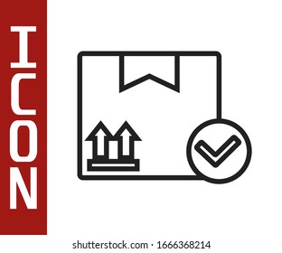 Black line Package box with check mark icon isolated on white background. Parcel box. Approved delivery or successful package receipt.  Vector Illustration