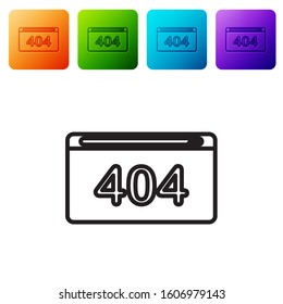 Black line Page with a 404 error icon isolated on white background. Template reports that the page is not found. Set icons in color square buttons. Vector Illustration