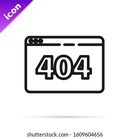 Black line Page with a 404 error icon isolated on white background. Template reports that the page is not found.  Vector Illustration