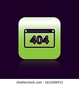 Black line Page with a 404 error icon isolated on black background. Template reports that the page is not found. Green square button. Vector Illustration