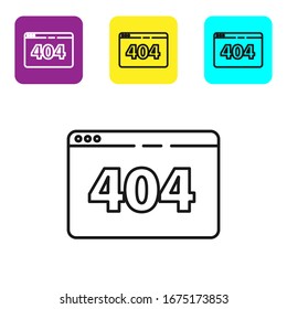 Black line Page with a 404 error icon isolated on white background. Template reports that the page is not found. Set icons colorful square buttons. Vector Illustration