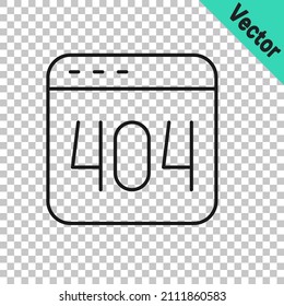 Black line Page with a 404 error icon isolated on transparent background. Template reports that the page is not found.  Vector