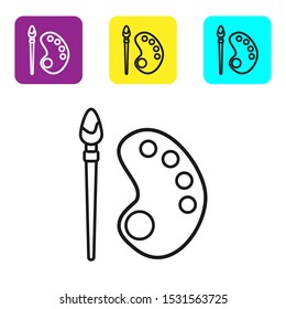 Black line Paint brush with palette icon isolated on white background. Set icons colorful square buttons. Vector Illustration