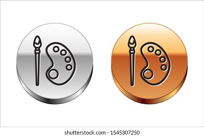Black line Paint brush with palette icon isolated on white background. Silver-gold circle button. Vector Illustration