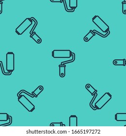Black line Paint roller brush icon isolated seamless pattern on green background.  Vector Illustration
