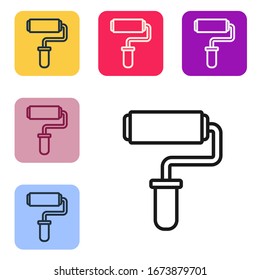 Black line Paint roller brush icon isolated on white background. Set icons in color square buttons. Vector Illustration