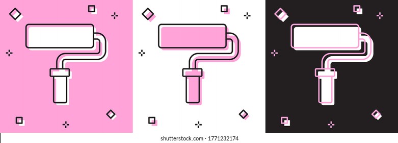 Black line Paint roller brush icon isolated on white background. Set icons in color square buttons. Vector