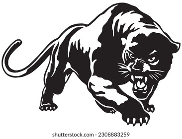 black line painting a panther walking beside fangs looks fierce. svg