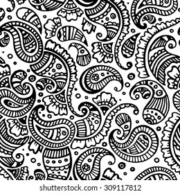 Black line paisley seamless pattern, White background