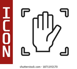 Black line Palm print recognition icon isolated on white background. Biometric hand scan. Fingerprint identification. System recognition and verification.  Vector