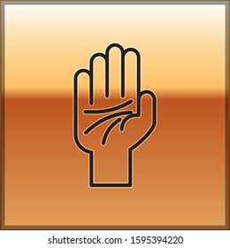 Black line Palmistry of the hand icon isolated on gold background.  Vector Illustration