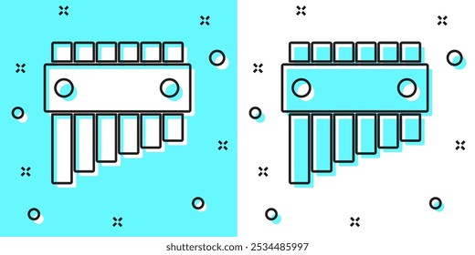 Black line Pan flute icon isolated on green and white background. Traditional peruvian musical instrument. Folk instrument from Peru, Bolivia and Mexico. Random dynamic shapes. Vector