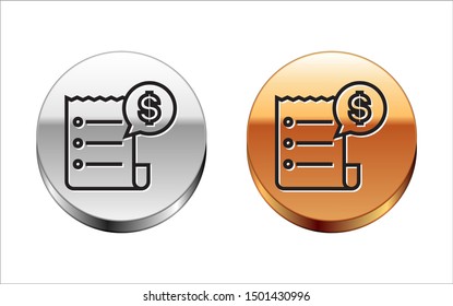 Black line Paper check and financial check icon isolated on white background. Paper print check, shop receipt or bill. Silver-gold circle button. Vector Illustration