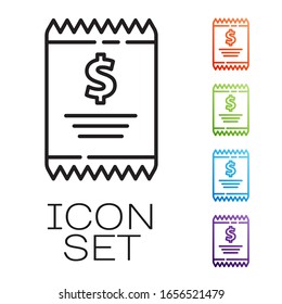 Black line Paper check and financial check icon isolated on white background. Paper print check, shop receipt or bill. Set icons colorful. Vector Illustration