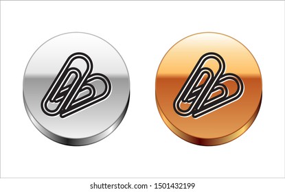 Black line Paper clip icon isolated on white background. Silver-gold circle button. Vector Illustration