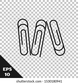 Black line Paper clip icon isolated on transparent background.  Vector Illustration