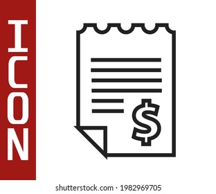 Black line Paper or financial check icon isolated on white background. Paper print check, shop receipt or bill.  Vector Illustration
