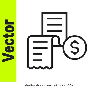 Black line Paper or financial check icon isolated on white background. Paper print check, shop receipt or bill.  Vector