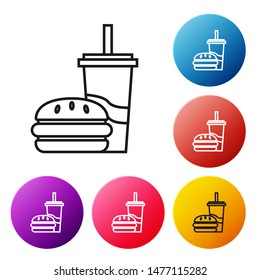Black line Paper glass with drinking straw and burger icon isolated on white background. Soda aqua drink sign. Hamburger, cheeseburger sandwich. Set icons colorful circle buttons. Vector Illustration