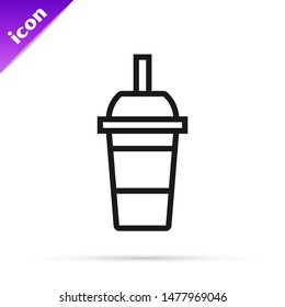 Black line Paper glass with drinking straw and water icon isolated on white background. Soda drink glass. Fresh cold beverage symbol.  Vector Illustration