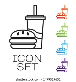 Black line Paper glass with drinking straw and burger icon isolated on white background. Soda aqua drink sign. Hamburger, cheeseburger sandwich. Set icons colorful. Vector Illustration