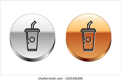 Black line Paper glass with drinking straw and water icon isolated on white background. Soda drink glass. Fresh cold beverage symbol. Silver-gold circle button. Vector Illustration